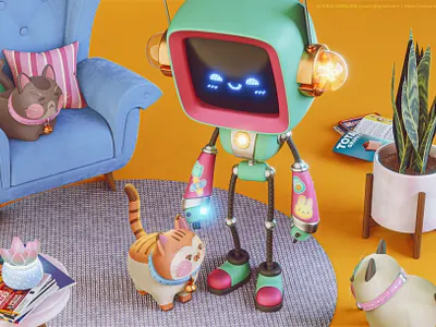 Robot & Cats 3d art 3d character 3d character design animation blender blender3d cartoon cats cute design game kids art render robot stylized