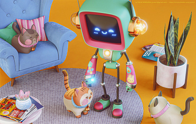 Robot & Cats 3d art 3d character 3d character design animation blender blender3d cartoon cats cute design game kids art render robot stylized