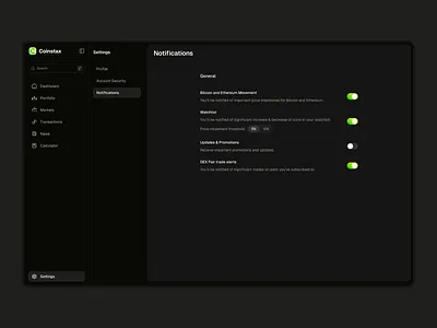 Coinstax: Settings Notifications - Dark Mode bitcoin alerts bitcoin dashboard coinstax crypto alert crypto alerts crypto dashboard crypto notifications crypto settings dark mode dark theme dashboard dashboard settings dashboard web app fintech dashboard modern dashboard notifications settings trending dashboard ui design web app web3