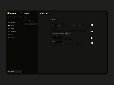 Coinstax: Settings Notifications - Dark Mode bitcoin alerts bitcoin dashboard coinstax crypto alert crypto alerts crypto dashboard crypto notifications crypto settings dark mode dark theme dashboard dashboard settings dashboard web app fintech dashboard modern dashboard notifications settings trending dashboard ui design web app web3