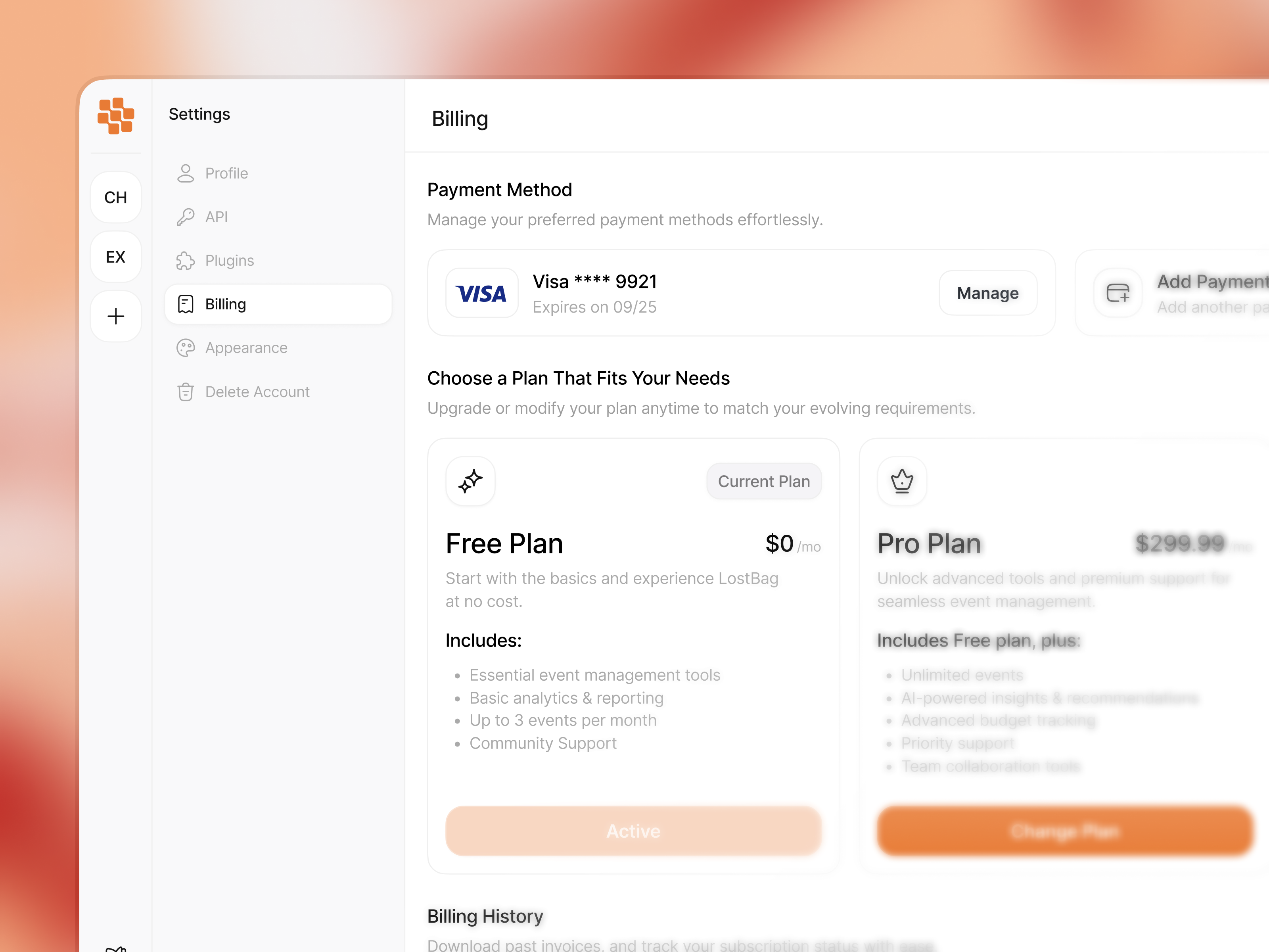 Lostbag - Tracking Management [Billing] activity dashboard billings clean dashboard dashboard design design event event tracking logsnag minimalist payment method product product design saas saas product tracking tracking management ui user experience ux