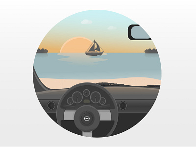 Parking at the lake adventure affinitydesigner beach convertible dashboad driving flat illustration miata mx5 steering wheel