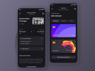 Hotel and Travel Booking - Mobile App Exploration android app booking card clean dark app dark mode dark ui exploration hotel ios minimal mobile payment payment method simple ui ui design ux ux design