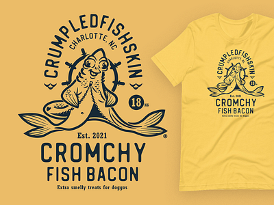 Crumpledfishskin Cromchy Fish Bacon bacon branding emblem illustration logo product design salmon tshirt design typography vector