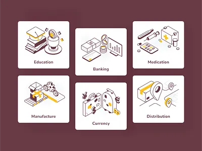 Industries Spot Illustration b2b business coin currency distribution education factory finance health illustration international isometric manufacture medication money outlined place product illustration retro shipping