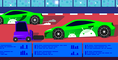 Debug Android Crashes Hero Illustration car crash data datadog editorial editorial illustration flat flat illustration hero image illustration monitoring racecar racetrack saas tech vector vector illustration