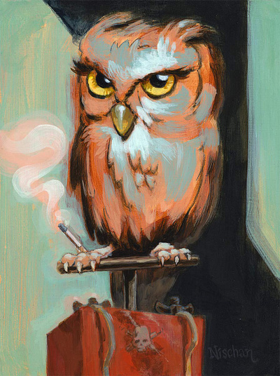 Comeuppance acrylic painting cigarette owl