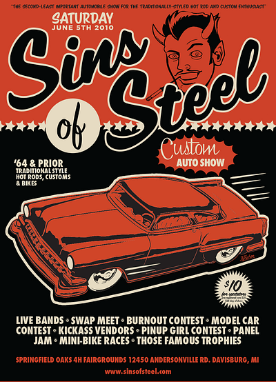 Sins of Steel Poster 50s car show cartoon illustration hot rod poster typography