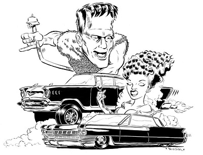 Ride of Frankenstein brush and ink frankenstein hot rod