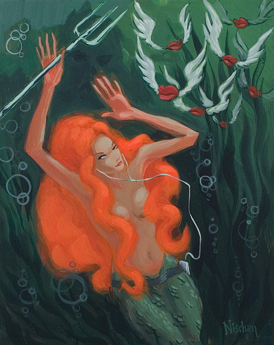 Reaper of the Deep acrylic mermaid painting pitchfork