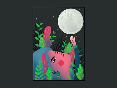 Ella y la luna bunnymoon digital illustration illustration luna moon moonlight plants procreate procreate art women