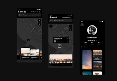 SunnySpot iPhone App | Photography Location Finder | Mobile App adobe xd black clean dark dark mode dark ui darkmode interface iphone app design iphone app development iphone application map app maps mobile app photography social media ui ux