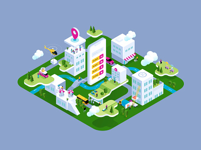 City Isometric app application building cafe car city delivery drugstore flat food helicopter illustration isometric online people phone shopping supply transport website