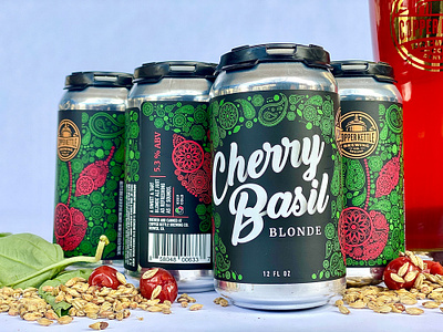 Cherry Basil Blonde Ale Label Design beer beer label beer label design beverage beverage design bright colors can design fruit pattern illustration label design package design pattern typography