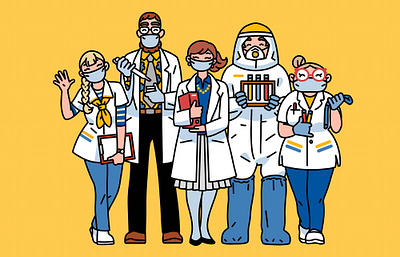 Smiling doctors character character design cheerful doctors illustration linework mask masks medical medical app pandemic pharmaceutical profession public relations