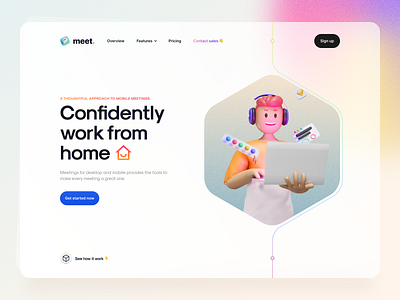 Meet. - Clean hero header concept 3d 3d illustration chat clean clean website dark mode dark theme illustration landing page meet minimal online meeting typography ui ui design ui illustration ux ux design web website