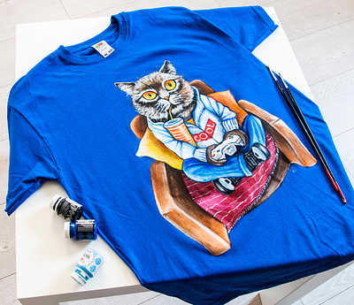 Hand-painted T-shirt, cat on the chair, custom clothes apparel art design fashion hand painted handmade paint painting style wear