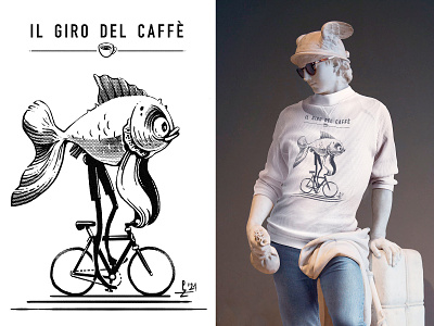 The Coffee Ride [t-shirt design] apparel bici bicycle bike character design coffee cycling design drawing etching fish fun hipster illustration ink ride t-shirt