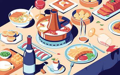 Foodblog Illustration chinese dinner dumplings food fries german isometric korean noodles sushi wine