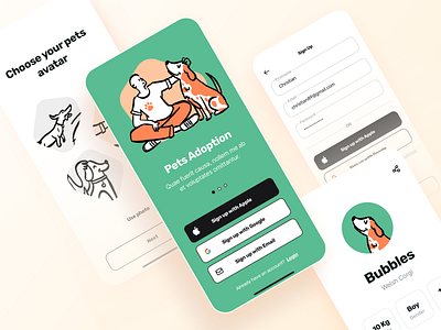 Pets app animals app app concept dogs illustration minimal mobile pet adoption sign up ui ux