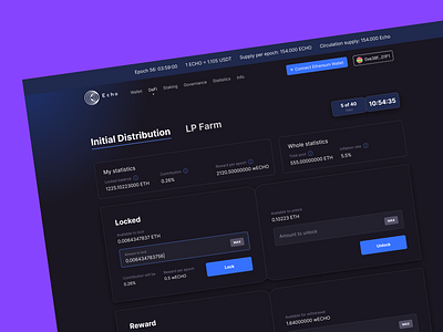 Echo DeFi — Initial Token Distribution and Liquidity Farming cryptocurrency defi design distribution farm fintech invesment lock minimal nft rewarf service token transaction ui website