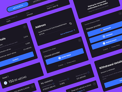 Echo DeFi — System Components [by PixelPlex] blockchain cards components crypto wallet design exchange landing page message statistic swap system tokens transaction ui website withdrawal