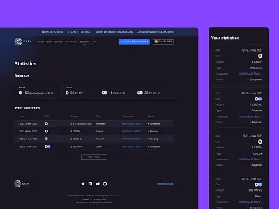 Echo DeFi — Statistics [by PixelPlex] balance cryptocurrency defi finance fintech history minimal money payment table transaction ui wallet web