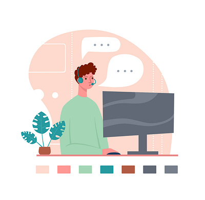 Online home working at computer, team conferencece boy call center chat chatbot design desktop distant home home screen illustration internet it logo online plant pot web