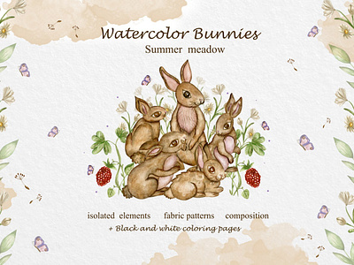 Watercolor bunnies collection animals animals poster bunny bunny logo bunny pattern calender design 2024 children coloring forest animals hand draw illustration isolated summer animals watercolor watercolor bunny