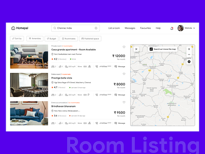 Rooms Listing Screen affinity chennai colors design friend list location love map minimal photos roommates rooms typography ui ux web xd