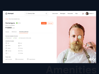 Roommate and amenities amenities black colors contact favourites help icons location message minimal price profile redesign room roommate search tabs typography ui wifi