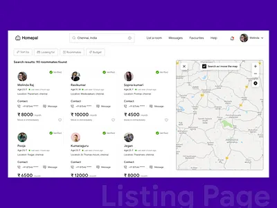 Listing Page budget chennai colors contact design filter friends help location map mapping minimal profile roommate search searching sort ui zoom