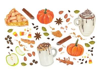 Seasonal Fall Food, packaging illustrations for Crazy Rumors autumn illustration coffee beans cookbook illustrations cozy illustration fall food illustration food packaging gouache halloween illustration hot chocolate illustration hot drinks pacific northwest illustrator portland illustrator pumpkin pumpkin spice illustration recipe illustration surface design vegan illustrations warm colors watercolor food illustrations