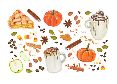 Seasonal Fall Food, packaging illustrations for Crazy Rumors autumn illustration coffee beans cookbook illustrations cozy illustration fall food illustration food packaging gouache halloween illustration hot chocolate illustration hot drinks pacific northwest illustrator portland illustrator pumpkin pumpkin spice illustration recipe illustration surface design vegan illustrations warm colors watercolor food illustrations