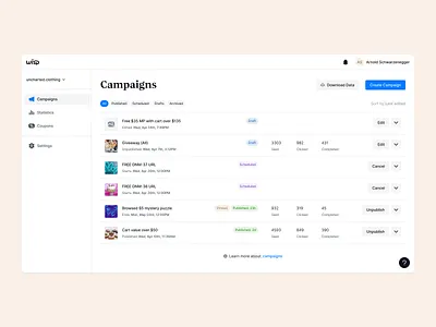 Wisp · Campaigns dashboard ecomemrce light marketing minimal saas ui