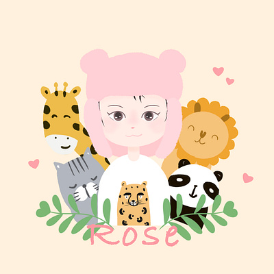 Girl Portrait for Rose animal doodle cat colorful cute digitalart giraffe girlportrait illustration leopard lion panda portrait