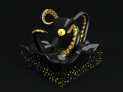 Octopus Vinyl 🖤 3d 3d illustrator aftereffects arnoldrender black c4d cinema4d design gold illustration isometric mdcommunity modeling octopus particles product design vinyl water