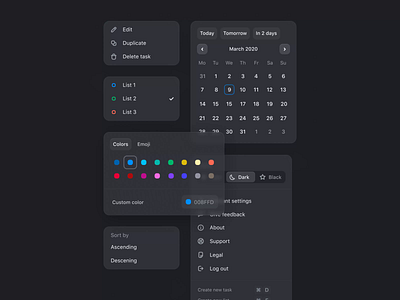 Popovers Dark / Black / Light mode animation app components dark mode dark theme dark ui design system dropdown dropdowns motion popovers task manager ui