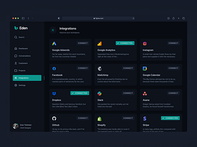 Dashboard: Integrations (Dark) 4px grid clean dashboard dashboard ui desktop figma install integrations pixel perfect plugins saas settings toolbox web app