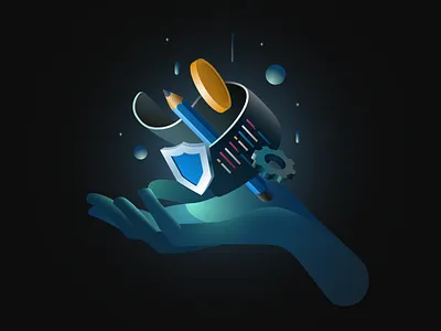 Digital Services ai antivirus code coin computing crypto floating future gear hand illustration pencil programming sci fi security services shield technology vector