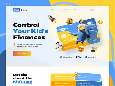 Dino Bank — Kid's Bank Landing Page banking blue card children design finance illustrator kid landing landing page startup ui uiux ux website yellow