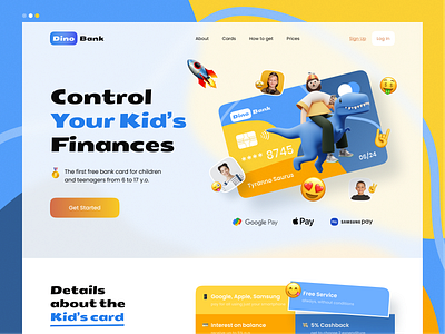 Dino Bank — Kid's Bank Landing Page banking blue card children design finance illustrator kid landing landing page startup ui uiux ux website yellow