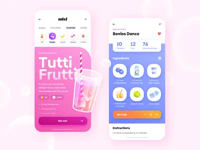 Drinks - Mobile App app blur clean colors design digital drink food fruits gradient icon set illustration minimal mobile recipe shadow shake ui ux white