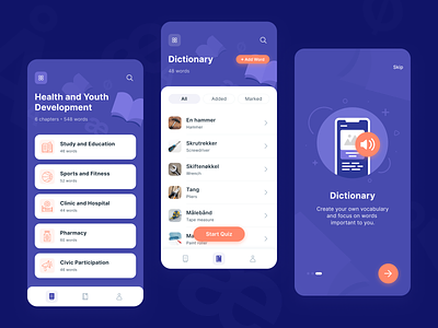 Norwegian professionally oriented vocabulary learning platform app application categories clean design dictionary graphic design illustration mobile application norway norwegian purple purple and orange rst rst software ui uxui vector vocabulary words