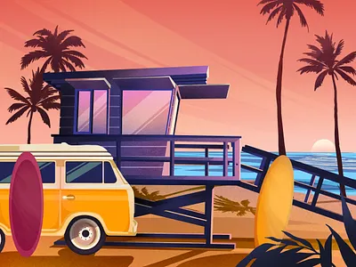 Summer beach car holiday landscape ocean palms palmtree relax retrocar sea summer surfboard texture