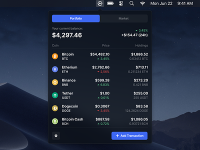 Crypto Tracker - Concept Widget app apple coin coinmarketcap crypto crypto wallet cryptocurrency dark ethereum mac macos market trading ui ux wallet widget