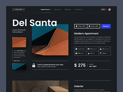 Del Santa - Rental & Booking of houses apartment black booking dark theme dark ui desktop figma homepage house modern rental smart typography ui ux website