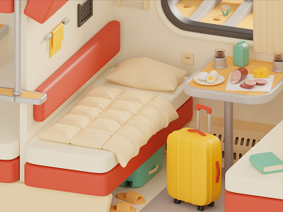 Cozy Train 🧳 3d 3d art 3d artist 3d modeling 3dmodeing blender blender 3d compartment food isometric illustration russian suitcase train