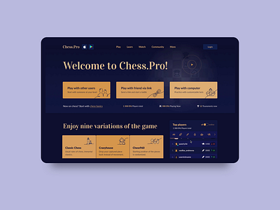 Chess Pro ♟ Homepage chess chess board classic game gold icons illustration interface landing line art players serif tournament ui website
