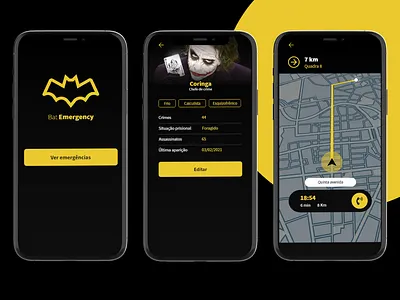 Bat Emergency aplicativo app bat batman coringa criminal dark theme emergency gang gangster gps police ui ui ux ux